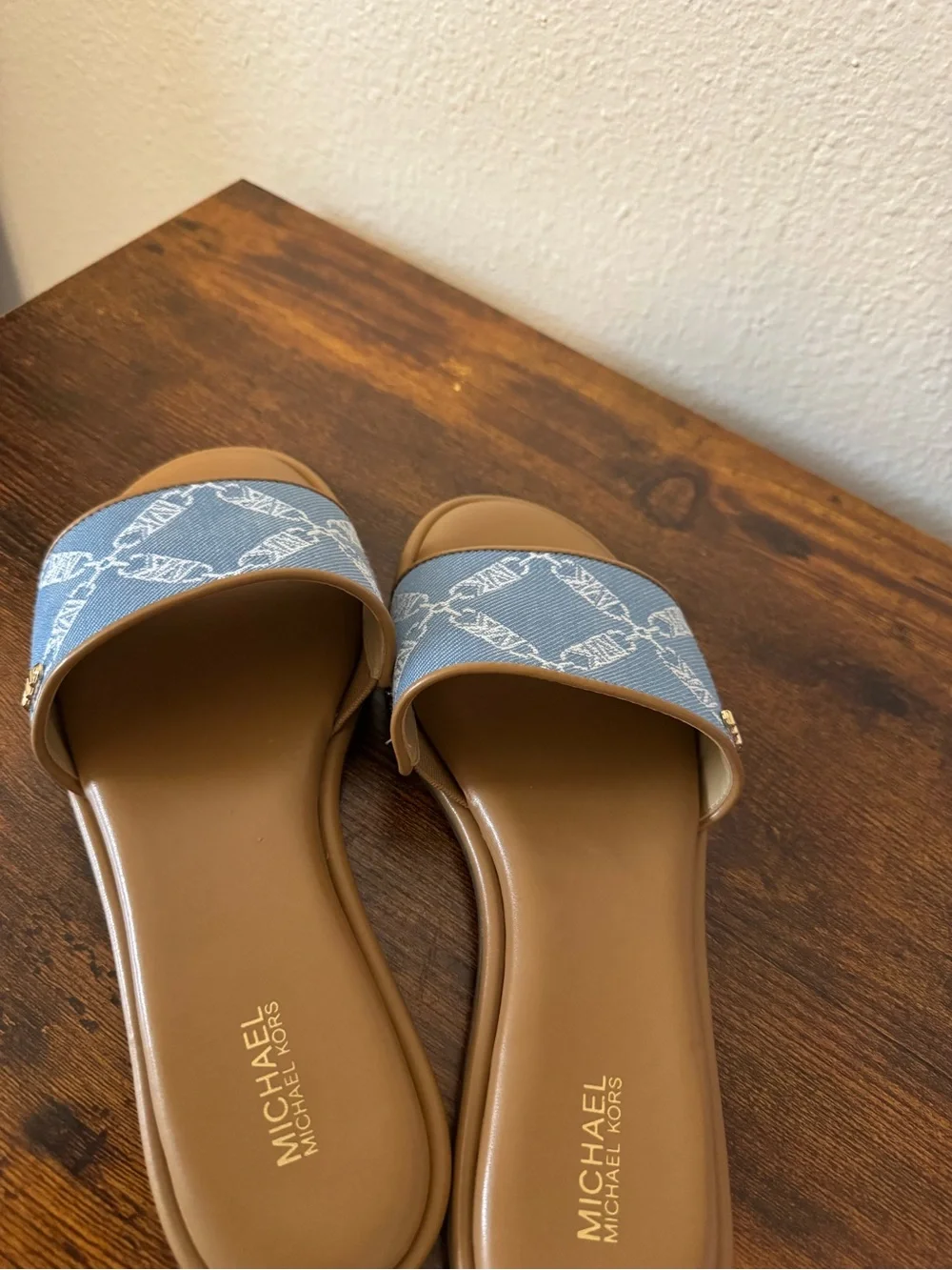 Michael Kors Blue Denim Logo Slide Sandals Size 7